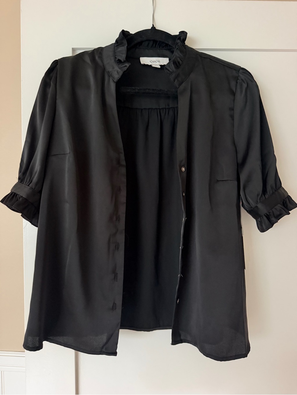 CeCe Black Ruffled Mock-Neck Blouse